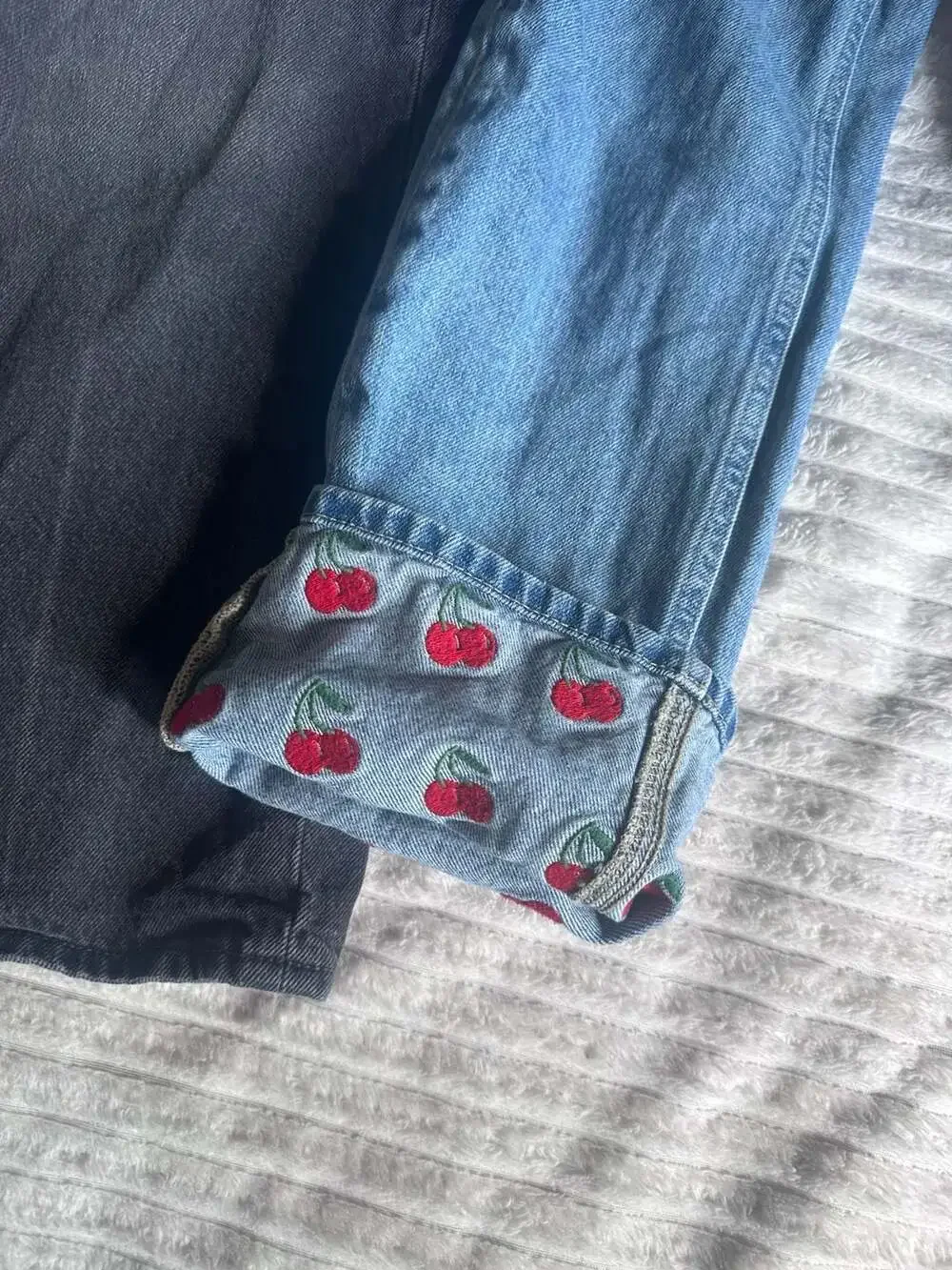 Zara Embroidered Cherry Jeans and Old Navy Baggy Mid-Leg Jeans